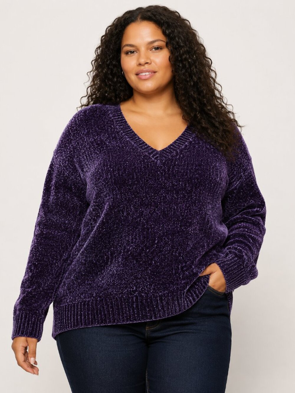 Purple Chenille Chunky Knit V Neck Sweater Plus 2X Sanctuary